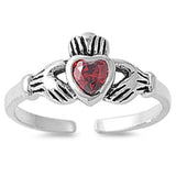 Claddagh Adjustable Silver Toe Ring Band Simulated Garnet CZ 925 Sterling Silver (7mm)