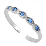 Silver Toe Ring Simulated Blue Sapphire CZ Adjustable 925 Sterling Silver (2mm)