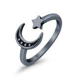 Moon and Star Toe Ring Black Tone Adjustable Band 925 Sterling Silver (7mm)