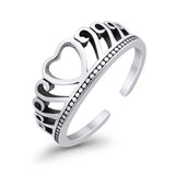 Heart Crown Toe Ring Adjustable Band 925 Sterling Silver For Women (6mm)