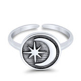 Crescent Moon & Star Toe Ring Adjustable Band Ring 925 Sterling Silver (9mm)