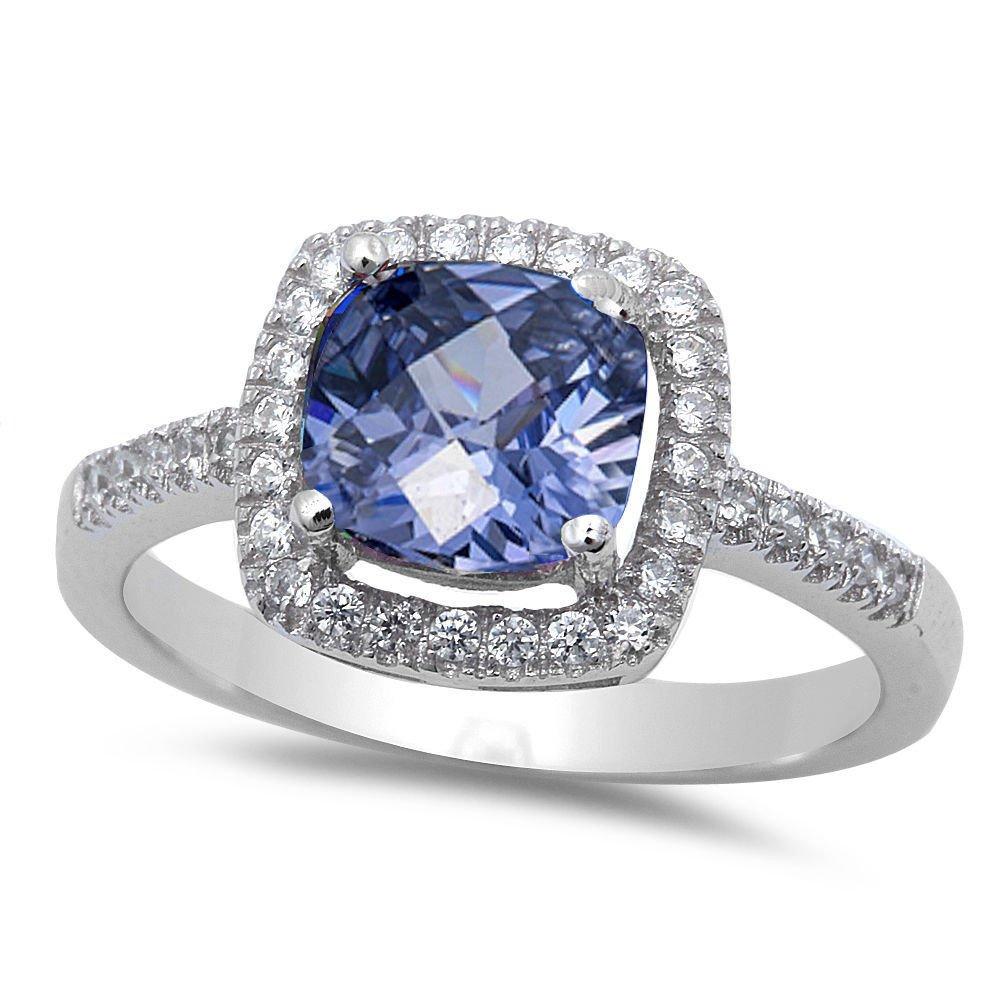 Sterling Silver Halo Solitaire Tanzanite Wedding Ring – Simulated Gem, Sizes 5-10, Gift Box Included