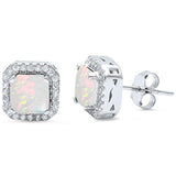 Halo Stud Earrings Wedding Princess Cut Lab Created White Opal Solid 925 Sterling Silver