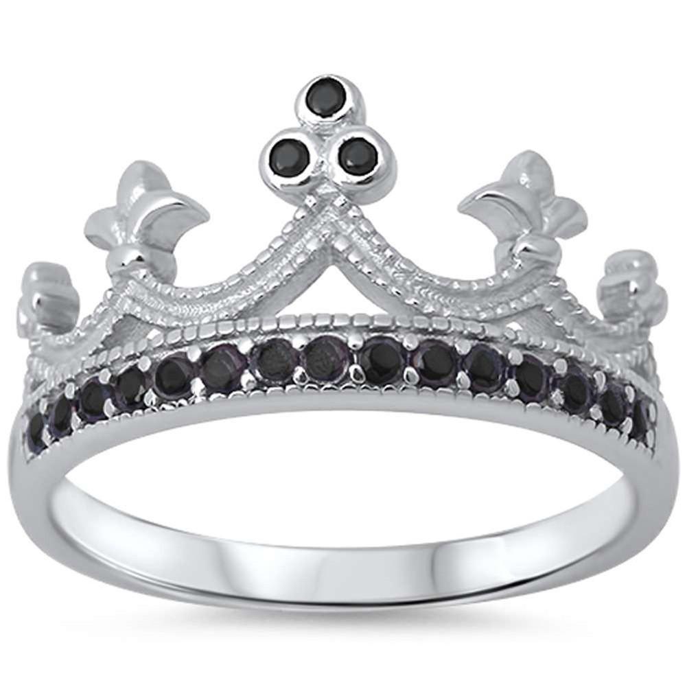 King Crown Ring Round Simulated Black CZ Half Eternity Solid 925 Sterling Silver