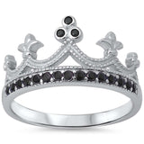 King Crown Ring Round Simulated Black CZ Half Eternity Solid 925 Sterling Silver