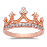 King Crown Ring Round Rose Tone, Simulated CZ Half Eternity 925 Sterling Silver