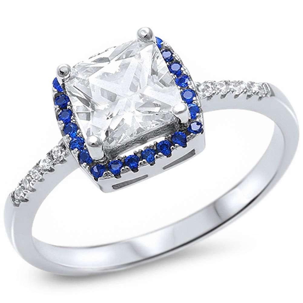 Solitaire Wedding Ring Simulated Blue Sapphire & Clear CZ 925 Sterling Silver