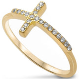 Sideways Cross Yellow Tone, Simulated Cubic Zirconia Eternity Ring 925 Sterling Silver