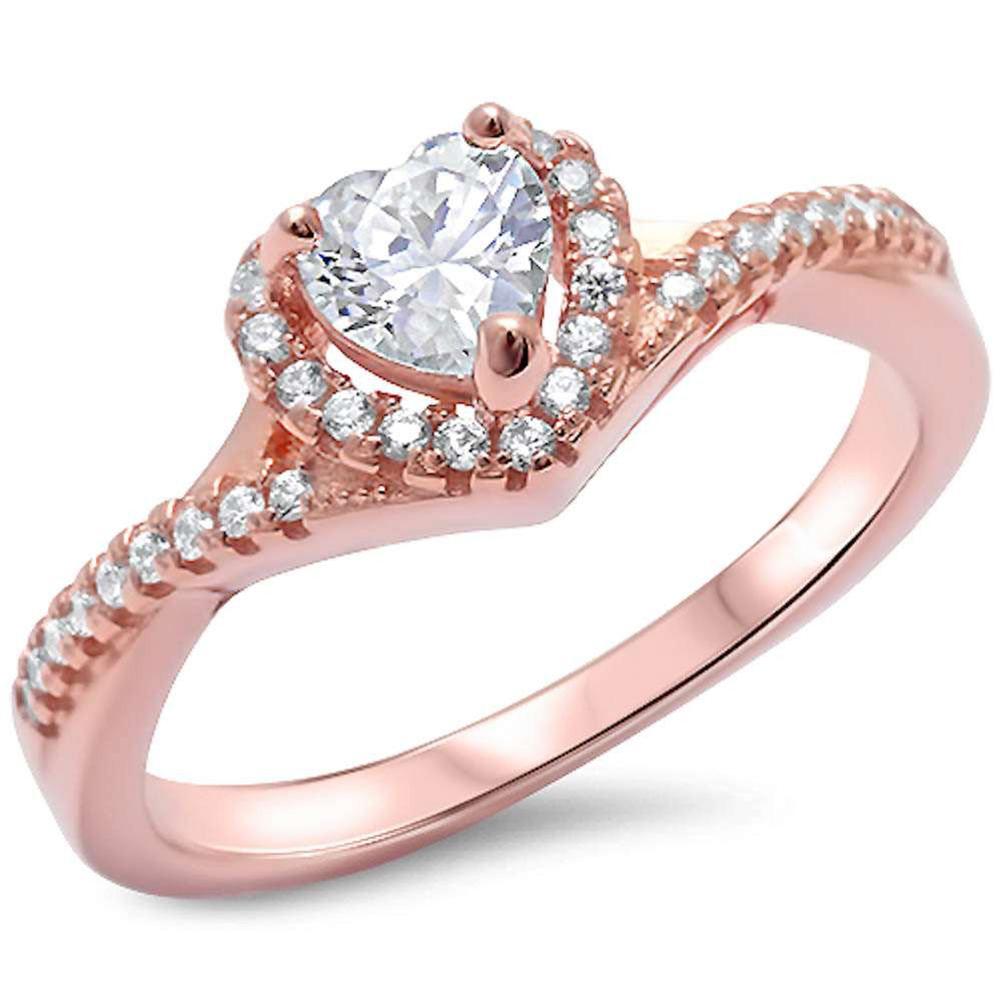 Twist Shank Halo Heart Promise Ring Rose Tone, Simulated CZ 925 Sterling Silver
