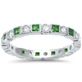 Bezel Set Full Eternity Ring Alternating Round Simulated Green Emerald CZ 925 Sterling Silver