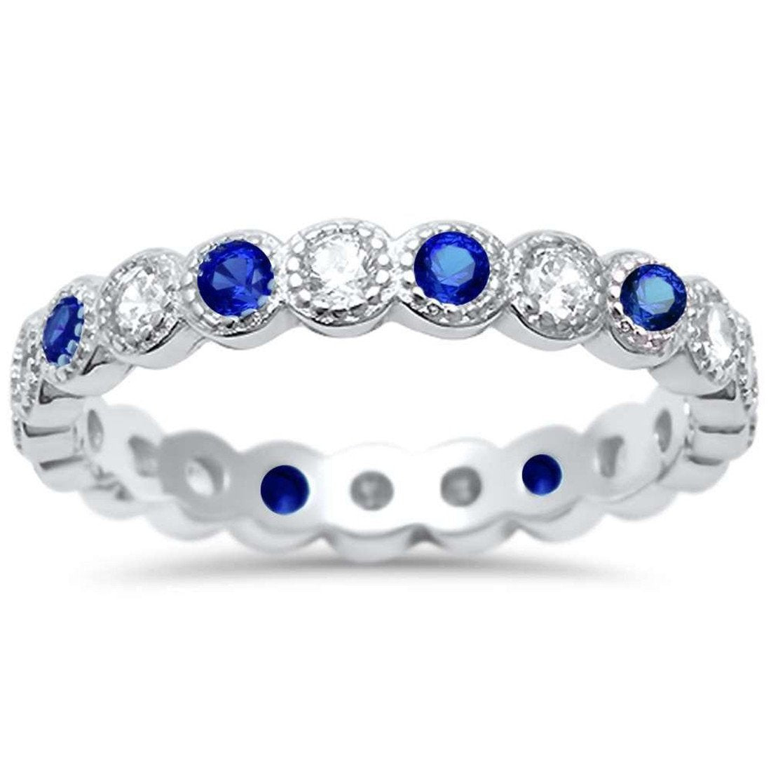 Bezel Set Full Eternity Ring Round Simulated Blue Sapphire CZ 925 Sterling Silver