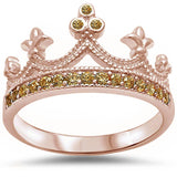 King Crown Ring Round Rose Tone, Simulated Champagne CZ Half Eternity 925 Sterling Silver