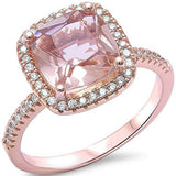 Accent Halo Solitaire Ring Rose Tone,  Simulated Morganite CZ 925 Sterling Silver