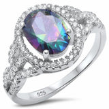Halo Ring Oval Simulated Rainbow Cubic Zirconia 925 Sterling Silver