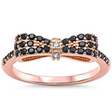 Cute Ribbon Bow Tie Ring Round Rose Tone, Simulated Black CZ 925 Sterling Silver