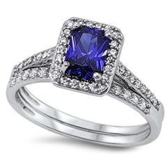 2 Piece Wedding Ring Radiant Cut Simulated Tanzanite Cubic Zirconia 925 Sterling Silver