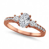3 Stone Engagement Ring Oval Rose Tone, Simulated Cubic Zirconia 925 Sterling Silver