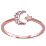 Crescenet Moon & Star Ring Rose Tone, Simulated CZ 925 Sterling Silver