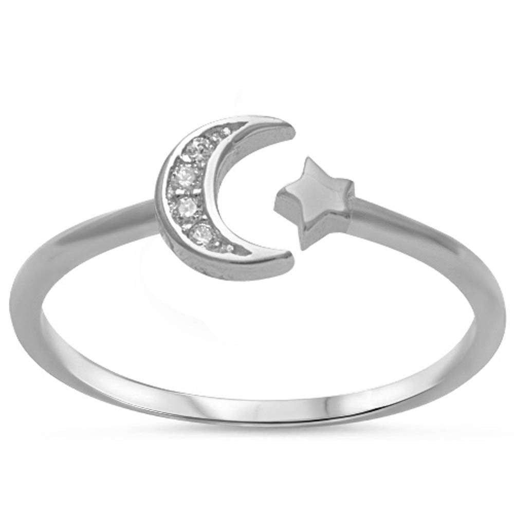 Crescenet Moon & Star Ring Simulated CZ 925 Sterling Silver