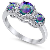 Three Stone Simulated Rainbow CZ Wedding Ring 925 Sterling Silver