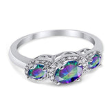 Three Stone Simulated Rainbow CZ Wedding Ring 925 Sterling Silver
