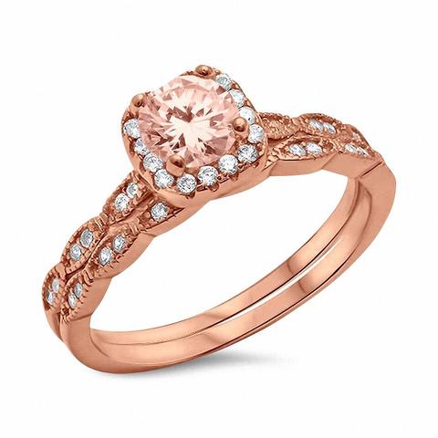 Two Piece Rose Tone, Simulated Morganite CZ Wedding Ring 925 Sterling Silver