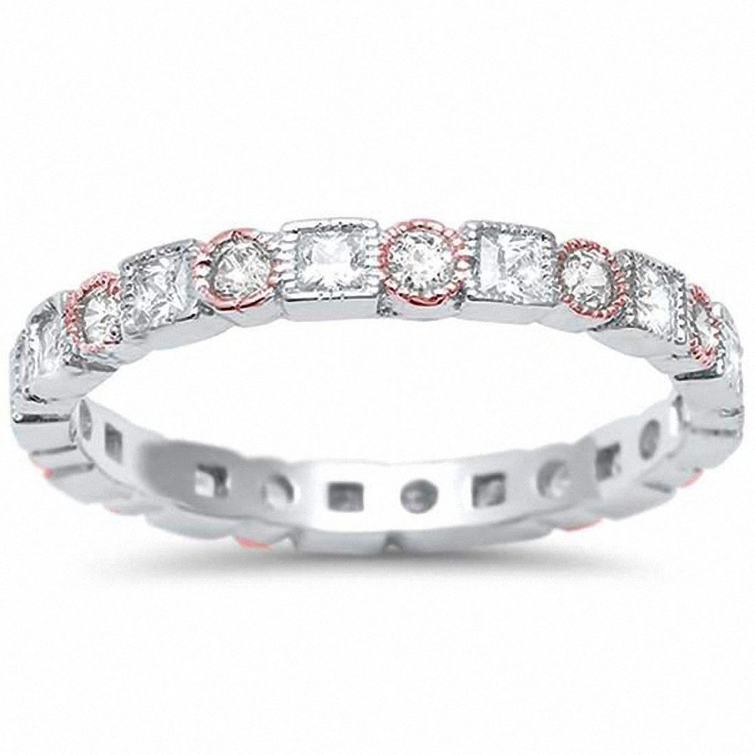 Bezel Set Full Eternity Ring Alternating Two Tone Round Simulated CZ 925 Sterling Silver