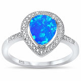 Halo Teardrop Ring Pear Lab Created Blue Opal 925 Sterling Silver