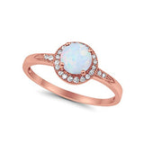 Halo Art Deco Engagement Ring Round Rose Tone, Lab Created White Opal 925 Sterling Silver