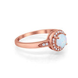 Halo Art Deco Engagement Ring Round Rose Tone, Lab Created White Opal 925 Sterling Silver