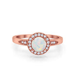 Halo Art Deco Engagement Ring Round Rose Tone, Lab Created White Opal 925 Sterling Silver