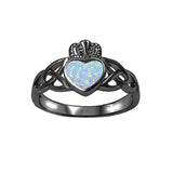 Irish Claddagh Celtic Style Ring Black Tone, Lab Created White Opal 925 Sterling Silver