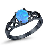 Halo Vintage Style Wedding Ring Black Tone, Lab Created Blue Opal 925 Sterling Silver