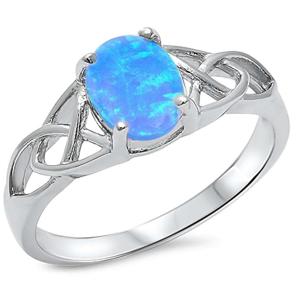 Solitaire Ring Oval Lab Created Blue Opal 925 Sterling Silver Celtic Accent