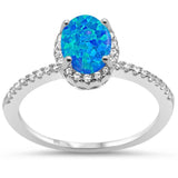 Accent Halo Wedding Ring Round Lab Created Blue Opal 925 Sterling Silver