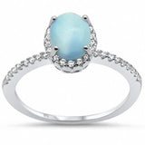 Halo Fashion Ring Oval Simulated Larimar CZ Accent 925 Sterling Silver