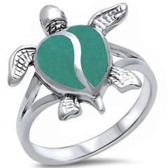 Turtle Ring Simulated Green Turquoise Inlay Solid 925 Sterling Silver