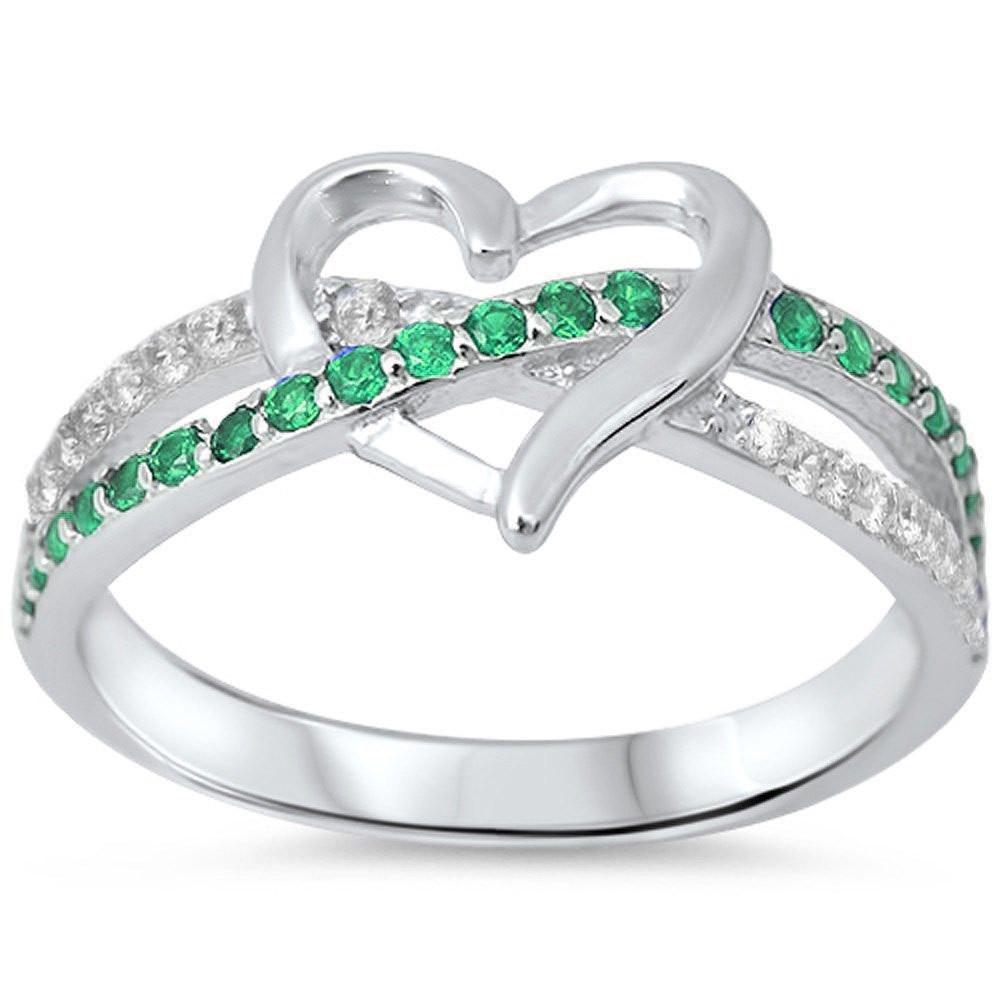 Infinity Heart Ring Round Simulated Green Emerald and CZ 925 Sterling Silver