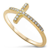 Sideways Cross Ring Round Pave Yellow Tone, Simulated Cubic Zirconia 925 Sterling Silver