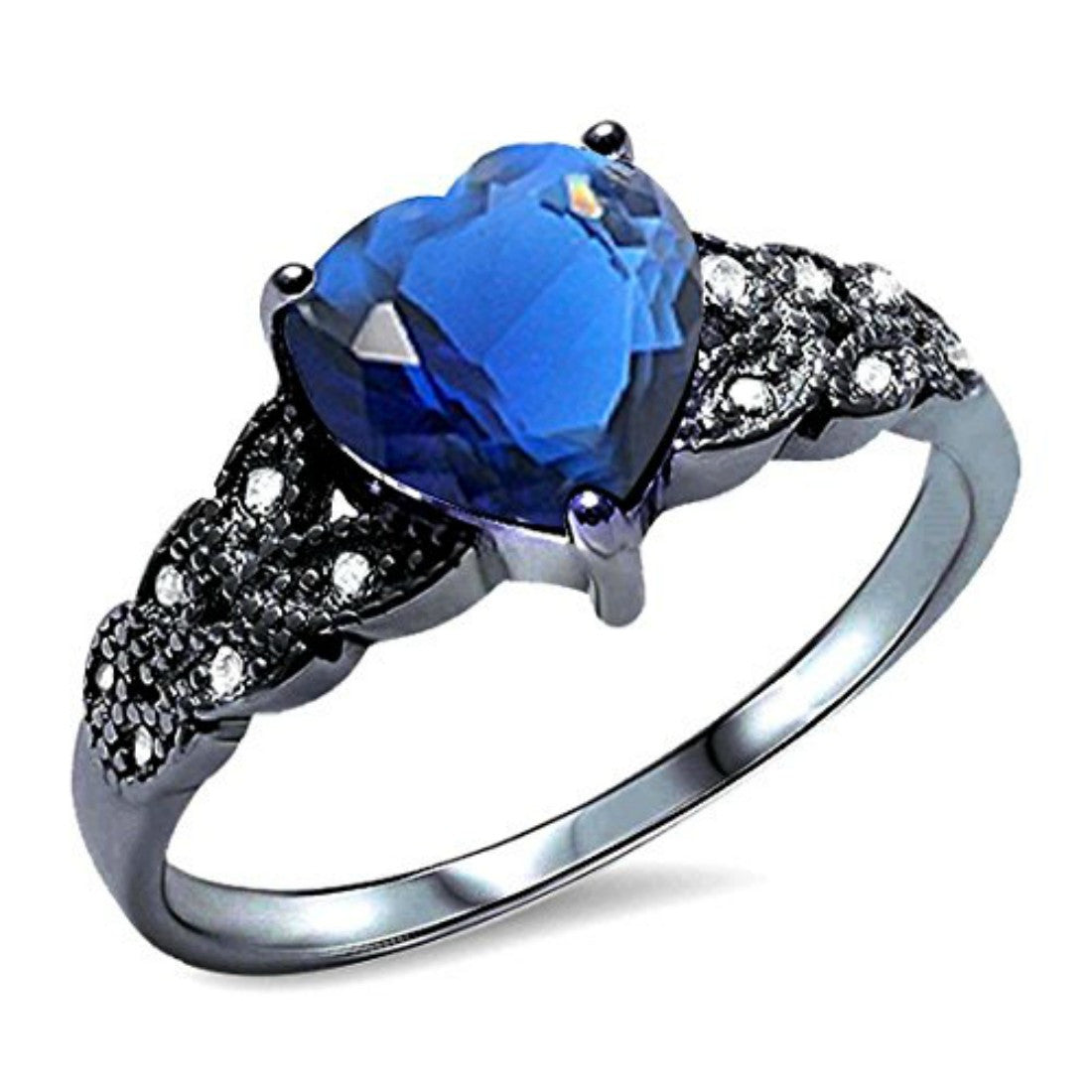 Accent Heart Promise Ring Simulated Blue Sapphire CZ Black Tone 925 Sterling Silver
