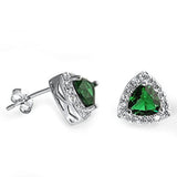 Halo Stud Tipi Earring Triangle Simulated Green Emerald CZ 925 Sterling Silver