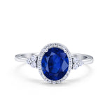 Halo Art Deco Oval Engagement Ring Simulated Blue Sapphire CZ 925 Sterling Silver
