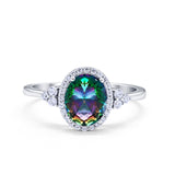 Halo Art Deco Oval Engagement Ring Simulated Rainbow CZ 925 Sterling Silver
