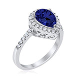 Halo Teardrop Bridal Filigree Ring Simulated Blue Sapphire CZ 925 Sterling Silver