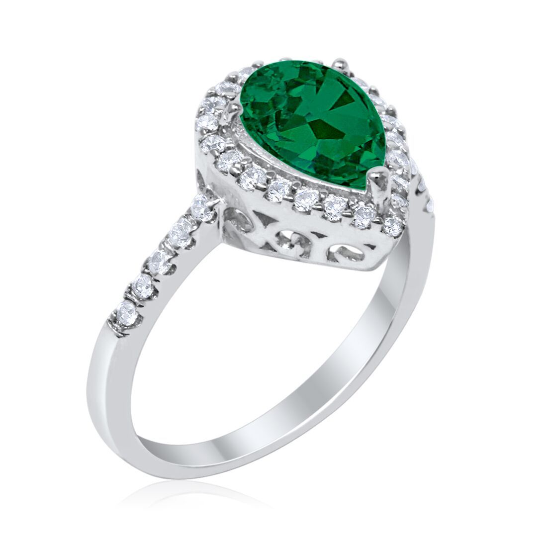 Halo Teardrop Bridal Filigree Ring Simulated Green Emerald CZ 925 Sterling Silver