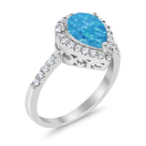 Halo Teardrop Bridal Filigree Ring Lab Created Blue Opal 925 Sterling Silver