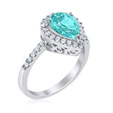 Halo Teardrop Bridal Filigree Ring Simulated Paraiba Tourmaline CZ 925 Sterling Silver