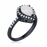 Halo Teardrop Bridal Filigree Ring Black Tone, Lab White Opal 925 Sterling Silver