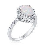 Halo Teardrop Bridal Filigree Ring Lab White Opal 925 Sterling Silver