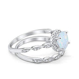 Two Piece Halo Wedding Ring Round Simulated CZ Lab White Opal 925 Sterling Silver